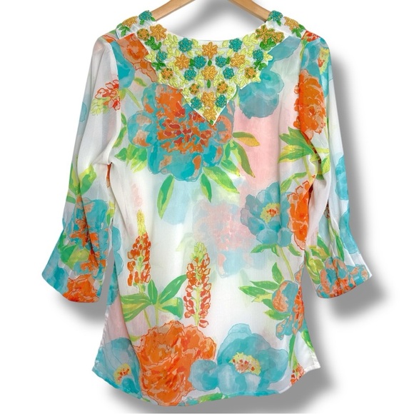 Gretchen Scott Designs Floral Tunic Blouse 3/4 Sleeve Crochet Knit Flowers - Picture 2 of 16